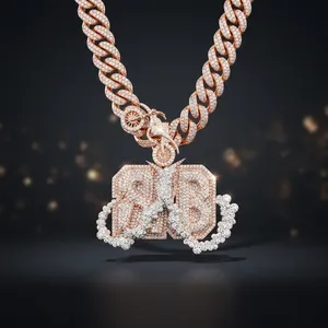 Colgante 409 con Cadena, Joyería Hiphop para Hombre, Amuleto Temático con Número, Oro Rosa, Piedras de Moissanita, Corte Brillante Redondo, Microincrustaciones - Product Image 3