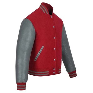 Red Color Wool With <b>Grey</b> Leather Sleeve Button Decoration Men's Clothing <b>Jackets</b> OEM Custom - Product Image 2