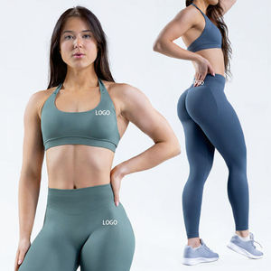 Conjunto de Yoga de Cintura Alta Sin Costuras, Color Morado Sólido, Top Corto, Leggings de 3 Piezas, Cuello en V Profundo, Tirantes Finos, Transpirable, Largo Completo - Product Image 3