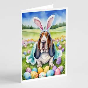 Whimsical Basset Hound Easter Egg Hunt A7 Tarjetas de felicitación Paquete de 8 tarjetas de nota en blanco con sobres Tamaño 5x7 - Product Image 1