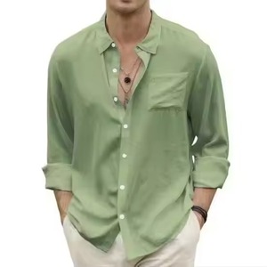 Nouvelle Chemise Habillée Formelle Homme en Lin/Coton Infroissable, Couleur Unie, Col Montant, Manches Longues, Popeline, Style Décontracté pour l'Automne - Product Image 3