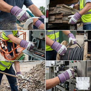 Gants de travail en cuir de vachette de haute qualité, rayés rouge et bleu, avec dos en coton, gants de travail industriels, gants de rigueur pour la construction - Product Image 3