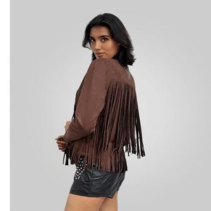 Womens Faux <b>Suede</b> Fringe <b>Jacket</b> & Studded Vegan Leather Shorts Set - Product Image 2