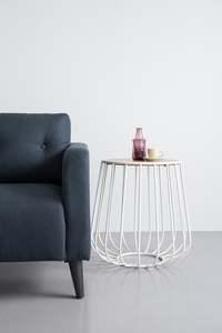 Sleek Round Side Coffee <b>Table</b> with Industrial Metal Wire Base and <b>Walnut</b> Wood Top for Living Room Accent - Product Image 3