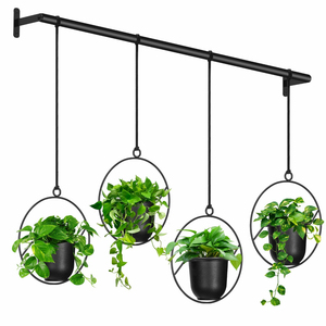 Ensemble de 4 supports muraux modernes en métal pour plantes suspendues, réglables, ronds, pour plantes d'intérieur, avec barre en fer noir et pots en mélamine - Product Image 1