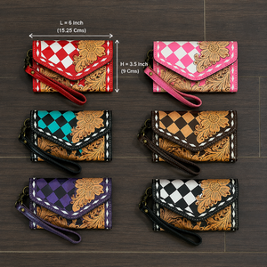 2026 Fashion Cowgirl Handcrafted Tooled Checkered Leather <b>Wristlet</b> Wallets Genuine Leather Floral Clutch Purse RFID Card Holder - Product Image 2