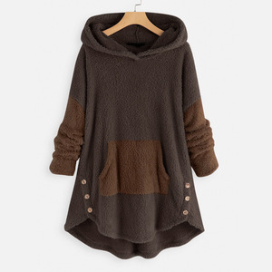 Sweat-shirt polaire oversize à capuche pour femme, manches longues, épaules tombantes, color block, poche asymétrique, vêtement d'hiver - Product Image 2