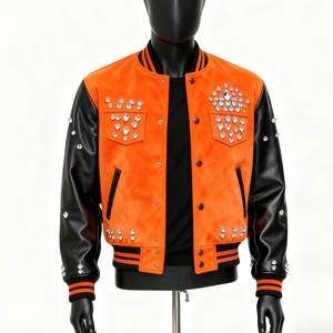 Custom <b>Suede</b> Varsity <b>Jacket</b> <b>Men</b> Real Leather Sleeves Rhinestone Crystal Studded Orange Black Baseball Bomber Streetwear Overcoat - Product Image 4