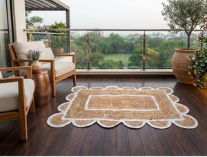 Custom Size Green <b>Scalloped</b> Border Jute Area <b>Rug</b> Handmade Woven Farmhouse Boho Living Room Entryway Carpet Natural - Product Image 2