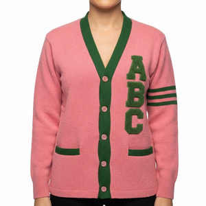 <b>Custom</b> University Pink Green V Neck Cardigan Sorority Womens Sweater Acrylic Knitted Chenille Logo Applique Greek Apparel - Product Image 5
