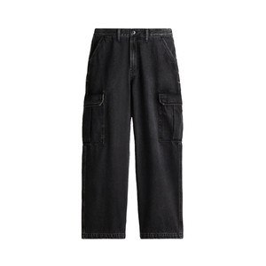 Men's Black Stonewashed Denim Cargo Pants High Waist Multiple Pockets Workwear Style Cotton <b>Canvas</b> Breathable Autumn Wear - Product Image 1