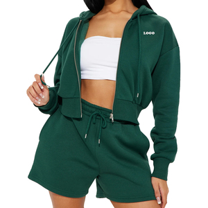 Ensemble sweat-shirt à capuche et short en polaire pour femme, 2 pièces, vert uni, vêtements de sport décontractés, fermeture éclair sur le devant, coupe régulière, longueur au-dessus du genou - Product Image 1