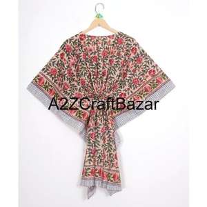 Vestido Kaftán de Algodón con Estampado, Vestido para Mujer Hecho a Mano en India, Hermoso Vestido Corto de Playa, Regalo para Ella - Product Image 5