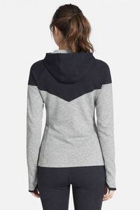 Sweat-shirt à capuche zippé colorblock gris et noir pour femme, coupe ajustée, vêtement de sport à manches longues, haut en molleton doux - Product Image 3