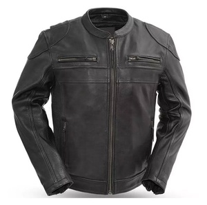 Black Motorbike Leather Jackets Two Pockets White Long Sleeves Turtle Neck Moto Jackets Personalized Design <b>Road</b> Bikers Jacket - Product Image 2