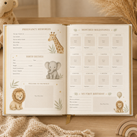 Carnet de journal personnalisé pour bébé LABON, thème safari, couverture rigide en lin, bords dorés, journal des étapes importantes, vente en gros, animaux de la jungle, album photo