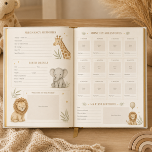 LABON - Diario Personalizado para Bebés con Temática de Safari, Tapa Dura de Lino, Bordes Dorados, Diario de Hitos, Álbum de Recortes de Animales de la Selva al por Mayor - Product Image 3