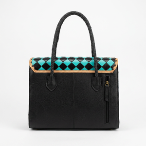 Vintage Genuine <b>Leather</b> Tote Bag With Floral <b>Tooled</b> Paneled Designer Black Teal Checkered Pattern Hasp Closure Women's Daily Use - Product Image 3