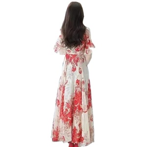 เดรสแฟชั่นฤดูร้อนของผู้หญิงมาใหม่กระโปรงนางฟ้าเข้ารูปทรงเอไลน์ตกแต่งลูกไม้แขนสั้นผ้าชีฟองเอวตก - Product Image 2