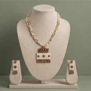 Traditional Muga Silk <b>Pearl</b> Necklace <b>Set</b> with Statement Pendant and Matching Earrings | Handcrafted Indian Ethnic Jewellery - Product Image 1