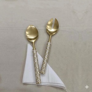 Custom Design Stainless Steel Spoon & Fork Set With Brass <b>Gold</b> Handle for Home & Hotels Tableware Salad Server Sets - Product Image 3