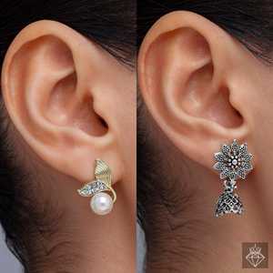 Prao Combo oxidised jhumki ต่างหูไข่มุกคริสตัลรูปใบไม้ - Product Image 6