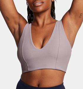 Women Ribbed Deep V-Neck Sports Bra <b>Spaghetti</b> <b>Strap</b> Medium Support Breathable Yoga Activewear Solid Color Seamless Design - Product Image 5