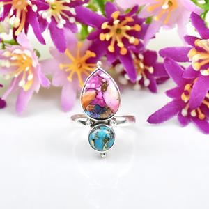 Pink And Blue <b>Turquoise</b> Gemstone Tear Shape Boho And Hippie Style <b>Ring</b> 925 Sterling Silver Handmade Fine Jewelry For Women - Product Image 1