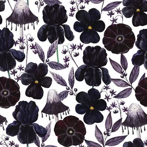 Carta da Parati Vintage Bianca e Nera Facile da Applicare con Fiori Gotici e Piante a Forma di Fungo - Product Image 1