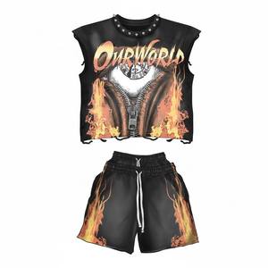 Custom Distressed Heavyweight 100% Cotton Suits French Terry Vintage Acid Wash Gems Decoration Short Sleeve T-shirt Set for Men - Product Image 1