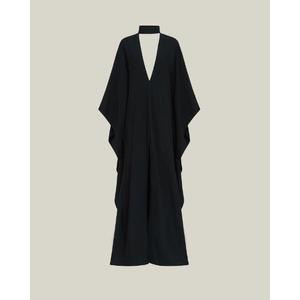 Robe de soirée élégante noire en satin, coupe fourreau et évasée, col en V, manches trois-quarts, longueur cheville, fente latérale, écologique, couleur personnalisable - Product Image 3
