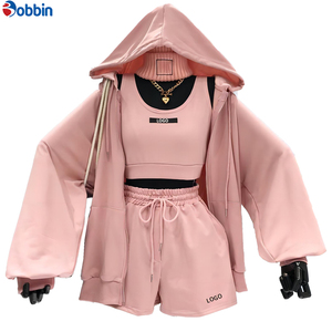 Conjuntos Deportivos Cortos de Otoño Estilo Hip Hop para Mujer, 3 Piezas, Chaqueta con Cremallera, Pantalones Cortos, 100% Algodón, Transpirable, de Secado Rápido, Ecológico, Manga Larga - Product Image 1