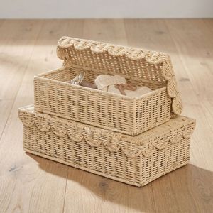 Woven Rattan <b>Storage</b> <b>Basket</b> with Lid Scalloped <b>Wicker</b> Organizer Beige Round <b>Basket</b> for Home Bathroom Bedroom - Product Image 4