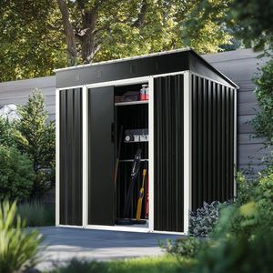 Capannone di stoccaggio del giardino del metallo nero 6X4 FT con il tetto inclinato e le doppie porte scorrevoli per la casa all'aperto di stoccaggio del cortile del Patio - Product Image 5