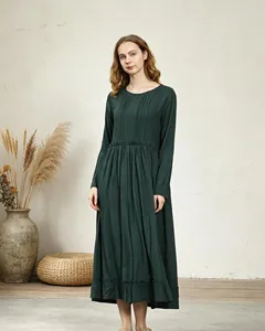 Vestido Midi de Lino y Algodón Verde de Lujo con Cuello Redondo y Manga Larga, Estilo Bohemio, Corte Holgado, para Uso Diario Informal de Verano - Product Image 4