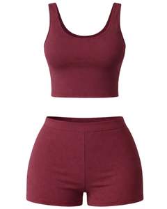 Conjunto de dos piezas casual de top corto y shorts de cintura alta para mujer, color burdeos, fabricante personalizado, venta al por mayor - Product Image 1