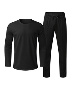 Men's Black Long Sleeve T-Shirt Pants Set Crew Neck Solid 92% Polyester Casual Knitted Breathable High Quality Quick Dry Autumn - Product Image 1