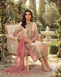 Élégante robe de mariée rose en soie Salwar Kameez avec broderie dorée, longueur ras du sol, coupe classique, style Inde Pakistan pour femme - Product Image 2