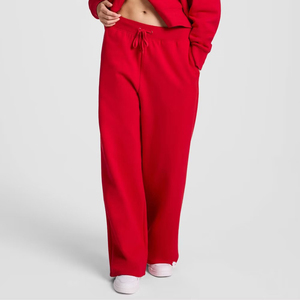 Pantalones de chándal de punto de algodón rojo de cintura alta para mujer, de pierna ancha, con cordón, ajuste holgado, largos, de color liso, para otoño - Product Image 1