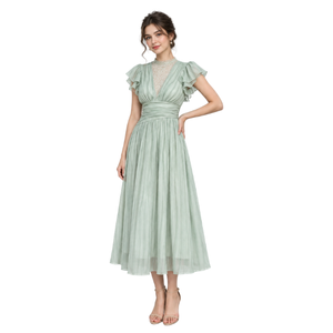 Elegant <b>Mint</b> Green Tea-Length Chiffon <b>Dress</b> With Ruffle Cap Sleeves V-Neck A-Line Empire Waistline Evening Breathable Women wear - Product Image 3