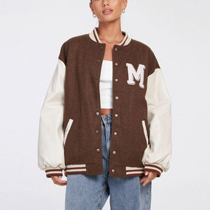 Brown Varsity <b>Jacket</b> With <b>White</b> Sleeves And Embroidered M Logo Preppy Style Regular Fit Turn-down Collar Single Breasted - Product Image 1