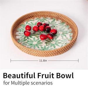 Rattan Tray with Mother of Pearl Inlay Round Wicker Serving <b>Basket</b> for Bread Fruit Coffee Decorative <b>Display</b> Tray - Product Image 2