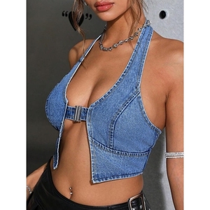 Haut corset en jean pour femme, style halter, court, à lacets, noir, avec boutons sur le devant - Product Image 4