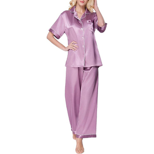 Conjunto de pijama de satén de seda para mujer, manga larga, cuello con solapa, botones, pantalones anchos en oferta - Product Image 3
