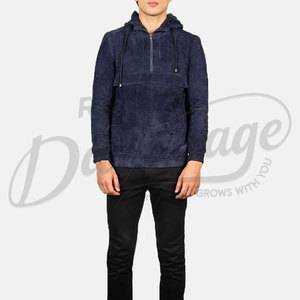 Veste Anorak à Capuche Homme en Daim Bleu Marine, Coupe Slim, Décontractée, Demi-Zip, en Daim Véritable Doux, Tendance - Product Image 4