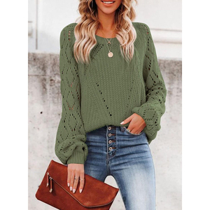 Pull décontracté pour femme en maille ajourée vert olive, anti-boulochage, color-block, épais, col rond, manches classiques, idéal pour l'automne - Product Image 2