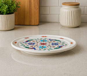 Natural Marble Inlay Plate Round Luxury Handmade Floral Bird Design Decorative Stone Plate for Wall Hanging and <b>Table</b> <b>Display</b> - Product Image 2