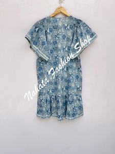 Mini vestido Maxi para mujer con estampado de flores azul y blanco de algodón indio recién llegado - Product Image 4