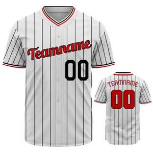 Camiseta de Béisbol Personalizada para Hombre, Blanca con Rayas, Cuello en V, Manga Corta, Impresión Sublimada, Transpirable, Corte Regular, Nombre del Equipo 00, Logotipo Frontal - Product Image 3