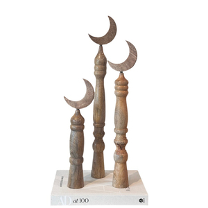 Handcrafted Wooden Moon Finial Stand Set For <b>Rustic</b> <b>Home</b> & Eid <b>Decoration</b>. Elegant Turned Pillars, Unique Tabletop Accents - Product Image 2